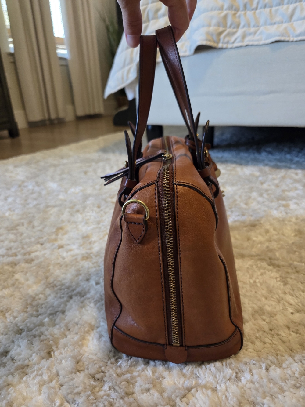 Fossil Cognac Leather Satchel with Key Charm - Picture 2 of 16
